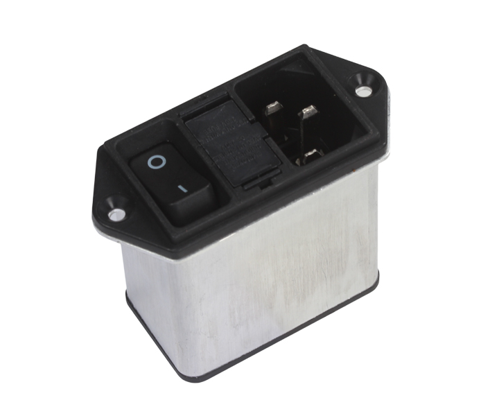 Ein-/Ausschalter mit integriertem Netzfilter für Varga VA 1, VA 2, VA 10 und VA 21-7 (ab Baujahr 2018), im Metallgehäuse mit Kaltgerätestecker.