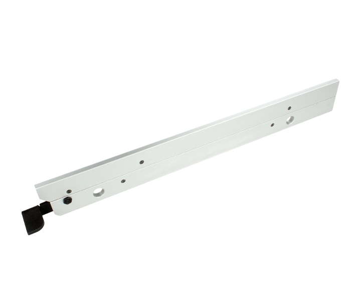 Verstellbarer Anschlag mit Federrückzug für die Varga VA 10 Tischkreissäge aus eloxiertem Aluminium, für Werkstücke bis 120 mm Breite.